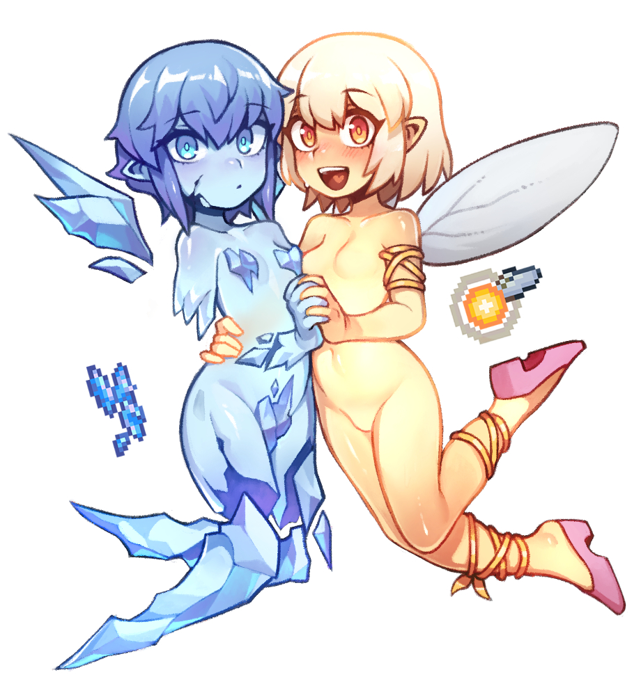 2girls, :d, anklet, armlet, blonde_hair, blue_eyes, blue_hair, blue_skin