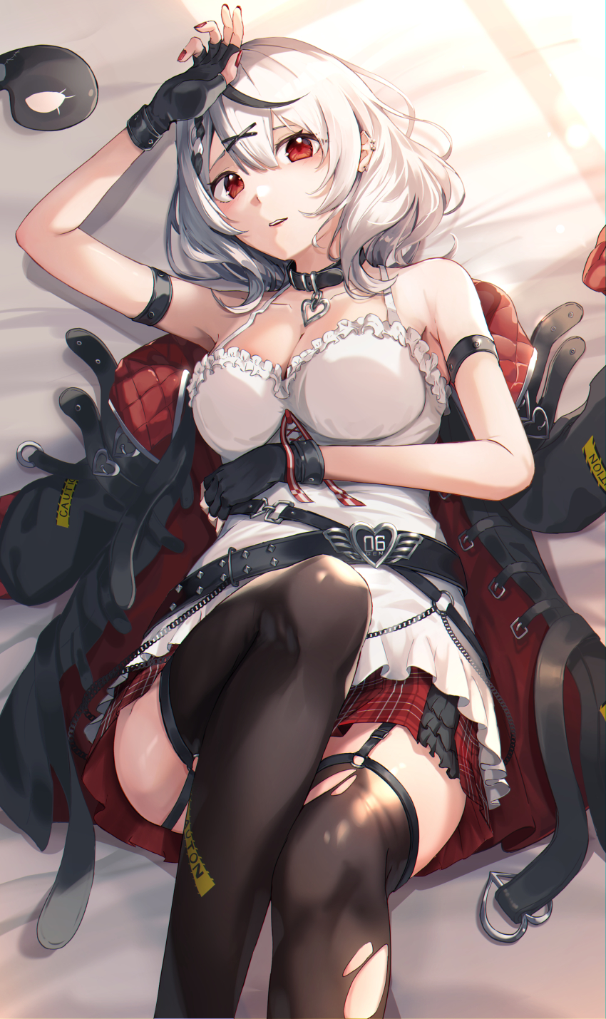 1girl, absurdres, almico, animal_collar, arm_strap, bed_sheet, black_collar, black_gloves