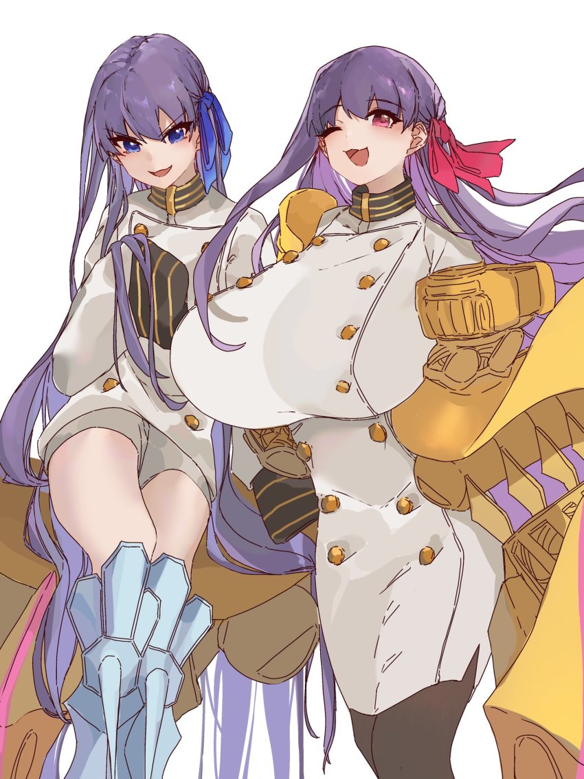 2girls, anmochi_mochi, black_pantyhose, blue_eyes, blue_ribbon, breasts, buttons, commentary_request