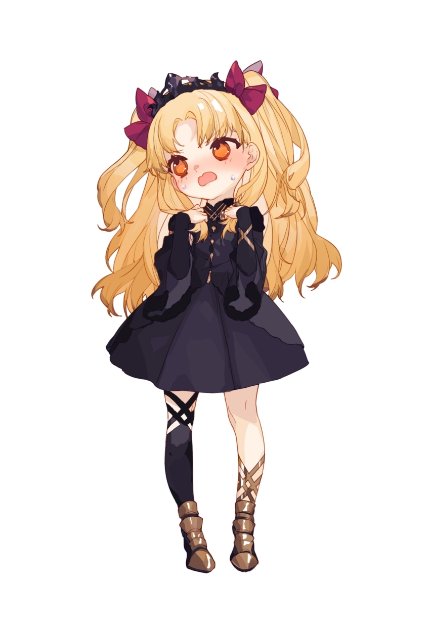 1girl, ankle_boots, ankle_lace-up, armlet, armored_boots, black_dress, black_thighhighs, blonde_hair