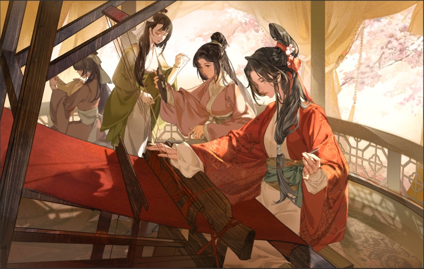 4girls, braid, chinese_clothes, closed_eyes, coat, copyright_request, day, flower