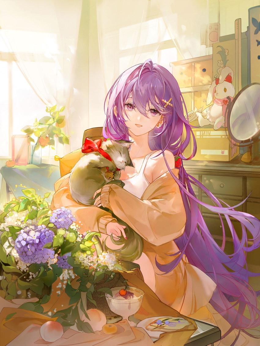 1girl, absurdres, animal, bare_shoulders, bell, box, breast_pillow, brown_sweater