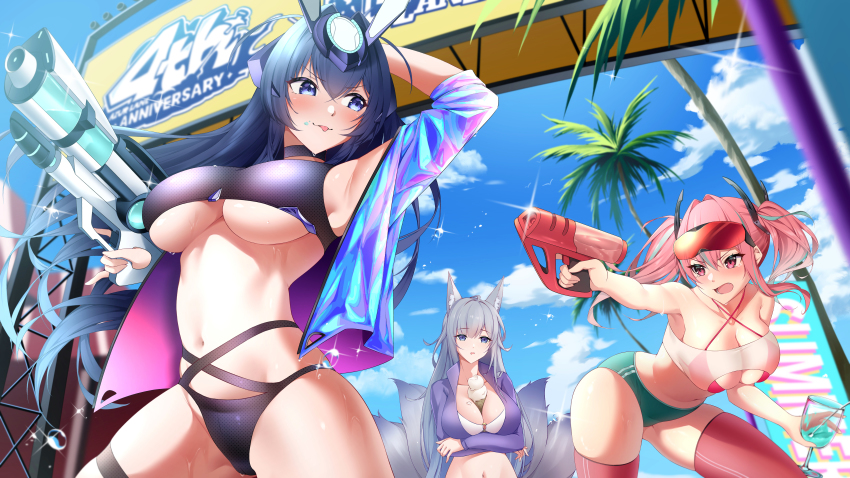 3girls, absurdres, animal_ears, arms_under_breasts, azur_lane, bent_over, between_breasts, bikini