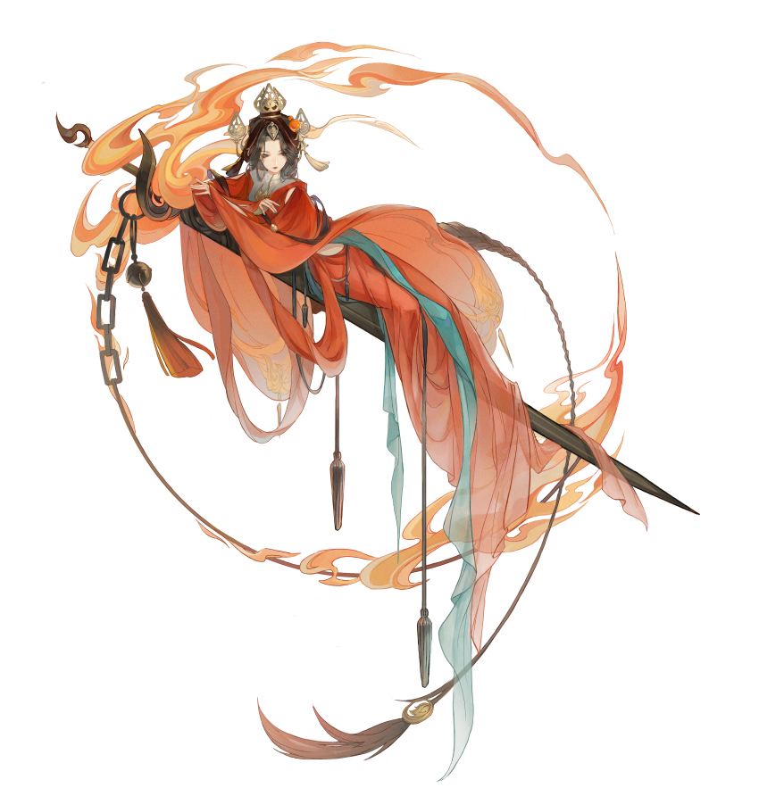 1girl, absurdly_long_hair, absurdres, bell, black_hair, blue_ribbon, braid, braided_ponytail, brown_hair, chain, character_request, chinese_clothes, circle, closed_mouth, crossed_arms, dress, fire, floating, floating_object, full_body, hair_ornament, hanfu, highres, huge_weapon, jewelry, jingle_bell, long_hair, long_sleeves, looking_away, lying, on_side, pendant, red_dress, ribbon, riding, sash, see-through_clothes, sheath, sheathed, sideways_glance, simple_background, solo, sword, tassel, tassel_hair_ornament, very_long_hair, wang_chuan_feng_hua_lu, weapon, white_background, wide_sleeves, zhenzhan79811