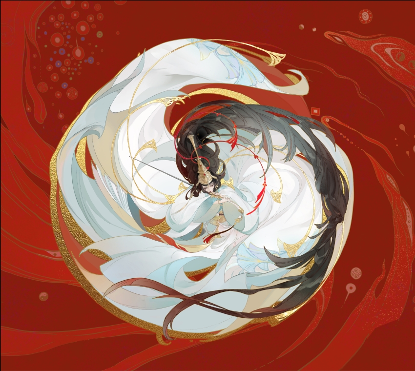 1girl, absurdly_long_hair, absurdres, black_hair, bracelet, character_request, circle, eyelashes