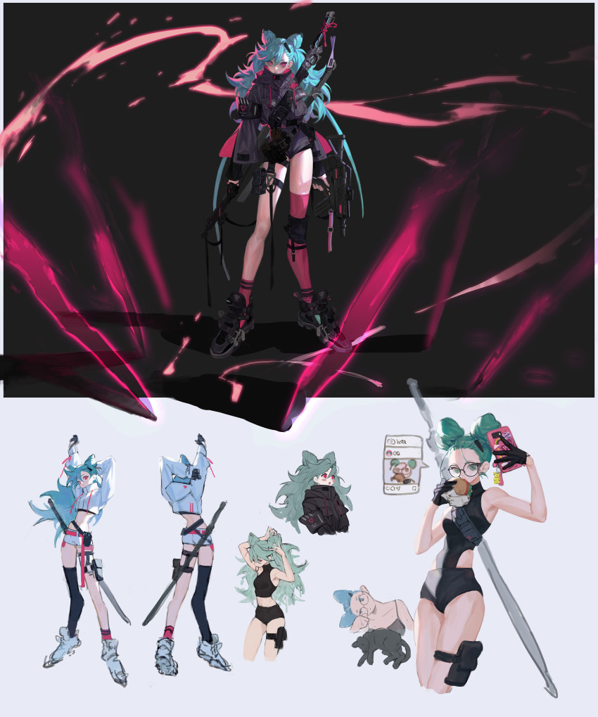 1girl, absurdres, animal, arm_up, back, bare_shoulders, belt, belt_pouch