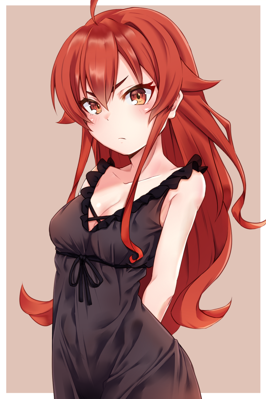 1girl, ahoge, arms_behind_back, black_dress, border, breasts, brown_background, cleavage, closed_mouth, collarbone, commentary_request, cowboy_shot, dress, eris_greyrat, eyebrows_hidden_by_hair, hair_between_eyes, highres, light_blush, long_hair, looking_at_viewer, mushoku_tensei, outside_border, red_eyes, red_hair, rei_k_79, sidelocks, simple_background, sleeveless, sleeveless_dress, small_breasts, solo, standing, white_border