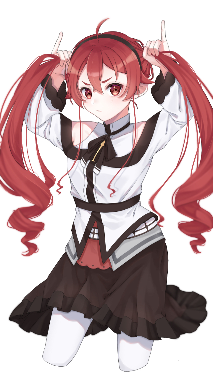 1girl, ahoge, alternate_hairstyle, arms_up, black_hairband, black_skirt, bunching_hair, clothing_request, commentary_request, cropped_legs, crossed_bangs, eris_greyrat, grabbing_own_hair, hair_between_eyes, hairband, highres, holding_own_hair, long_hair, long_sleeves, looking_at_viewer, miteinano_(mitei_nano28), mushoku_tensei, pantyhose, playing_with_own_hair, red_hair, simple_background, skirt, solo, twintails, white_background, white_pantyhose