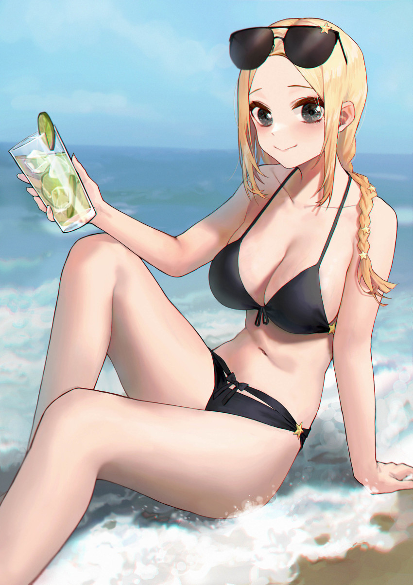 1girl, absurdres, bare_arms, bare_shoulders, beach, bikini, black_bikini, black_eyes