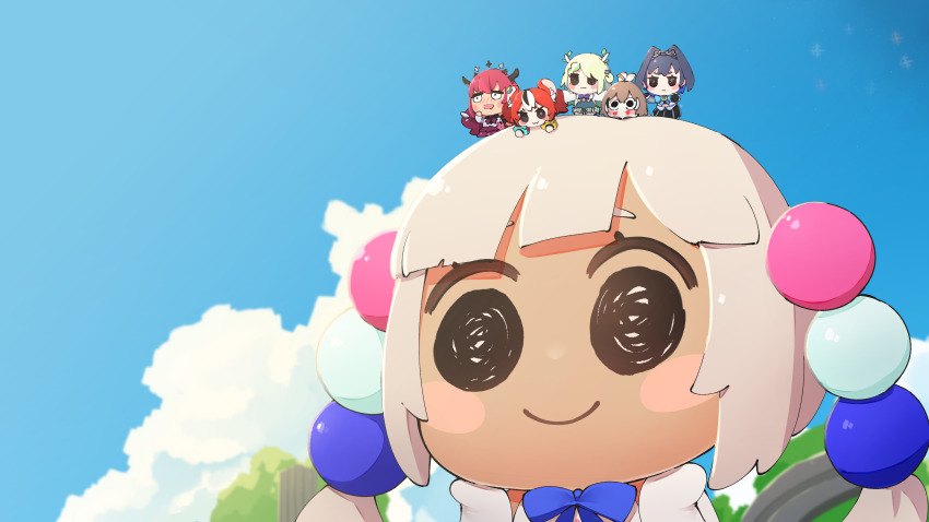 6+girls, absurdres, beads, black_hair, blue_hair, blue_sky, blush, blush_stickers, brown_hair, ceres_fauna, chibi, closed_mouth, cloud, constricted_pupils, dark-skinned_female, dark_skin, day, drooling, elbow_gloves, giant, gloves, green_hair, hair_beads, hair_ornament, hakos_baelz, highres, holocouncil, hololive, hololive_english, irys_(hololive), long_hair, multicolored_hair, multiple_girls, nanashi_mumei, open_mouth, ouro_kronii, red_hair, sky, smile, tsukumo_sana, twintails, upper_body, virtual_youtuber, white_gloves, white_hair, zaniaii