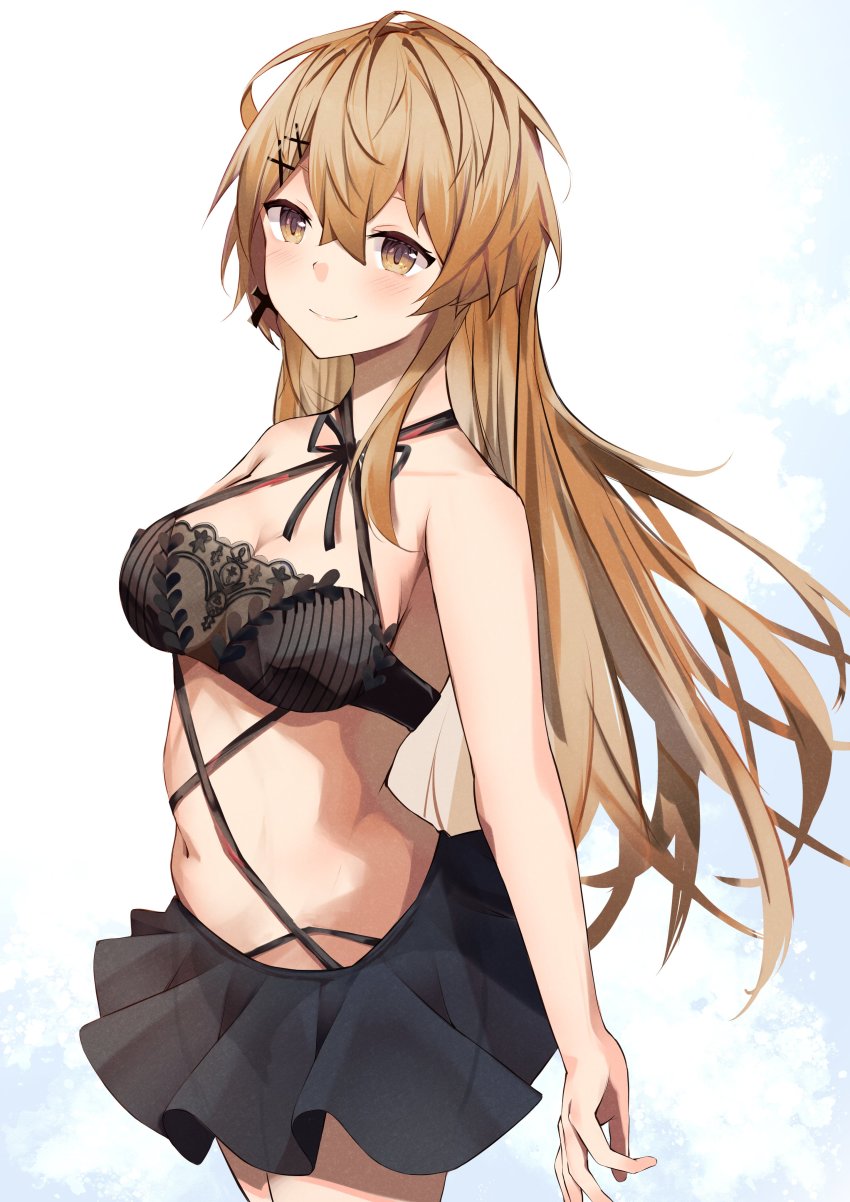 1girl, absurdres, aratake, arm_behind_back, bare_shoulders, bikini, black_bikini, blush