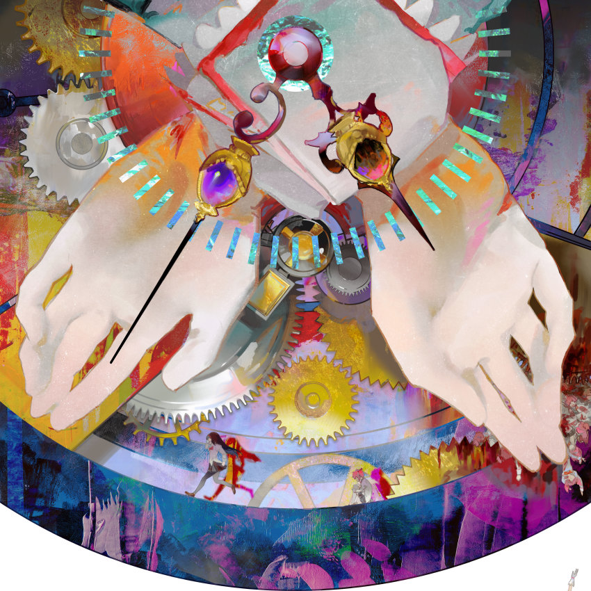 2girls, abstract, absurdres, akemi_homura, black_hair, black_pantyhose, black_skirt, bow