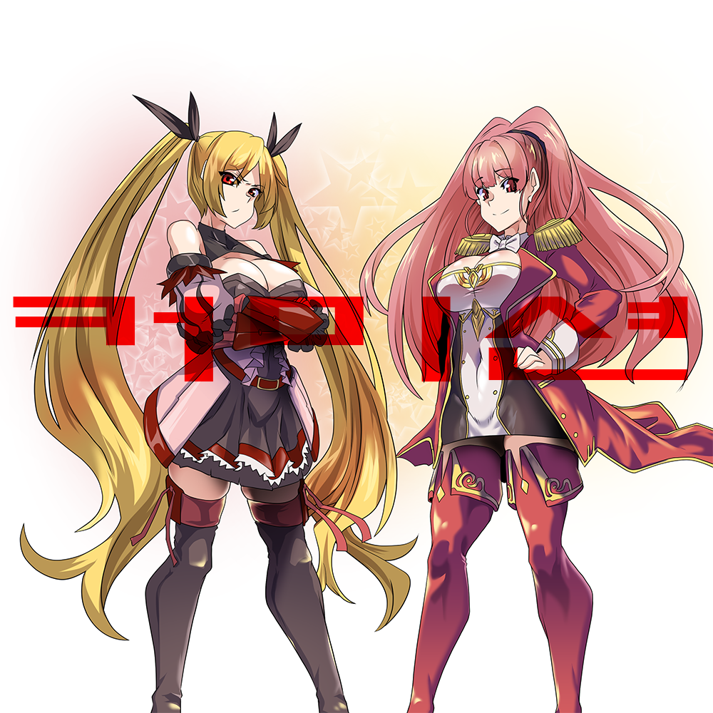 2girls, aged_up, azur_lane, boots, breasts, cleavage_cutout, clothing_cutout, cosplay, costume_switch, crossover, fire_emblem, fire_emblem:_three_houses, hilda_valentine_goneril, hilda_valentine_goneril_(cosplay), hilda_valentine_goneril_(timeskip), korean_commentary, korean_text, large_breasts, lazy_ant, long_hair, military, military_uniform, multiple_girls, naval_uniform, nelson_(azur_lane), nelson_(azur_lane)_(cosplay), nintendo, star_(symbol), thigh_boots, voice_actor_connection