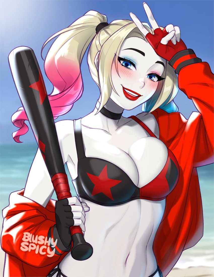 1girl, asymmetrical_gloves, baseball_bat, batman_(series), beach, bikini, blonde_hair, blue_eyes, blush, blushyspicy, breasts, cleavage, dc_comics, eyeshadow, gloves, hair_dye, harley_quinn, harley_quinn_(cartoon), highres, jacket, large_breasts, makeup, navel, off_shoulder, over_shoulder, pale_skin, parted_lips, red_jacket, red_lips, smile, solo, swimsuit, toned, twintails, upper_body, v, weapon, weapon_over_shoulder