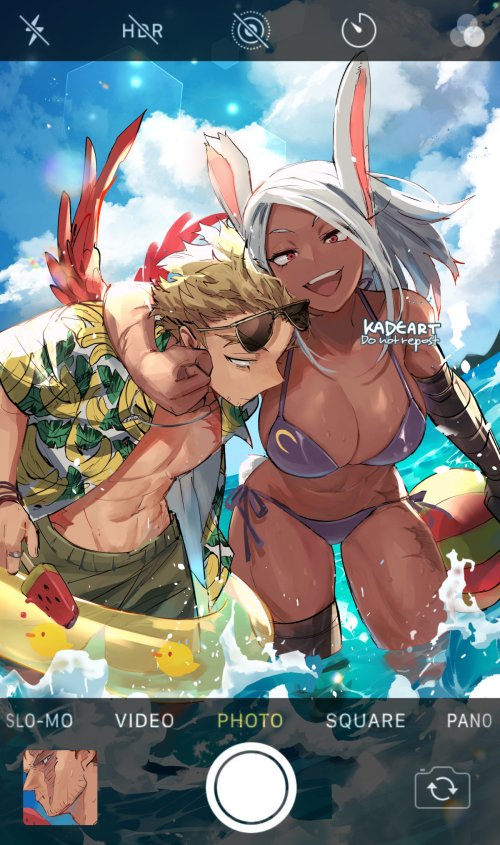 1boy, 1girl, :d, animal_ears, arm_over_shoulder, ball, bikini, blonde_hair