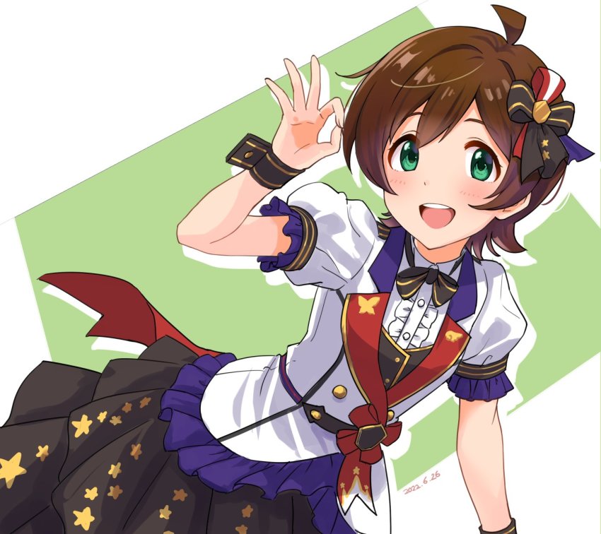 1girl, ahoge, black_bow, black_bowtie, black_skirt, blush, bow, bowtie