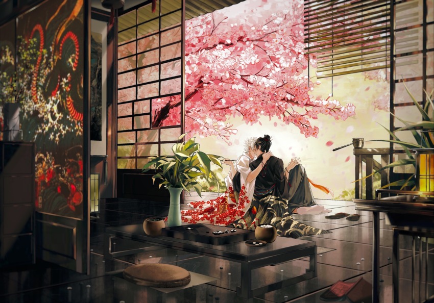 2boys, anthonykaen, architecture, bamboo_screen, black_hair, black_kimono, blurry, board_game