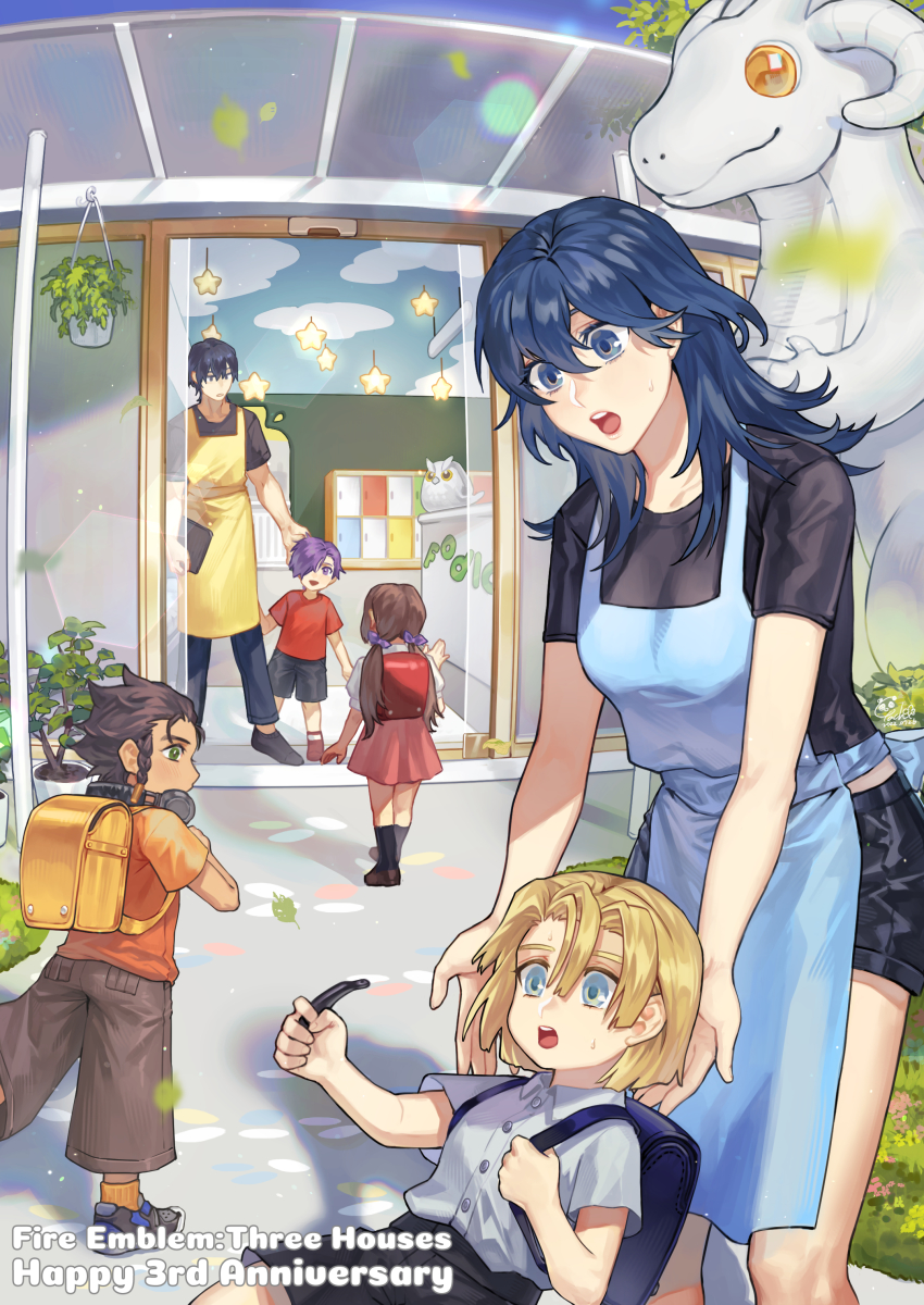 2girls, 4boys, absurdres, aged_down, alternate_universe, apron, backpack, bag