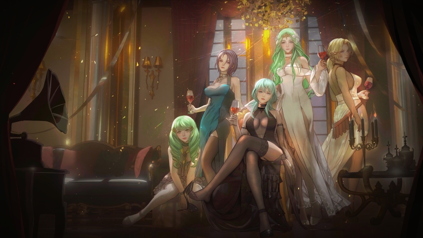 5girls, absurdres, alcohol, armchair, blonde_hair, breasts, candelabra, candlestand