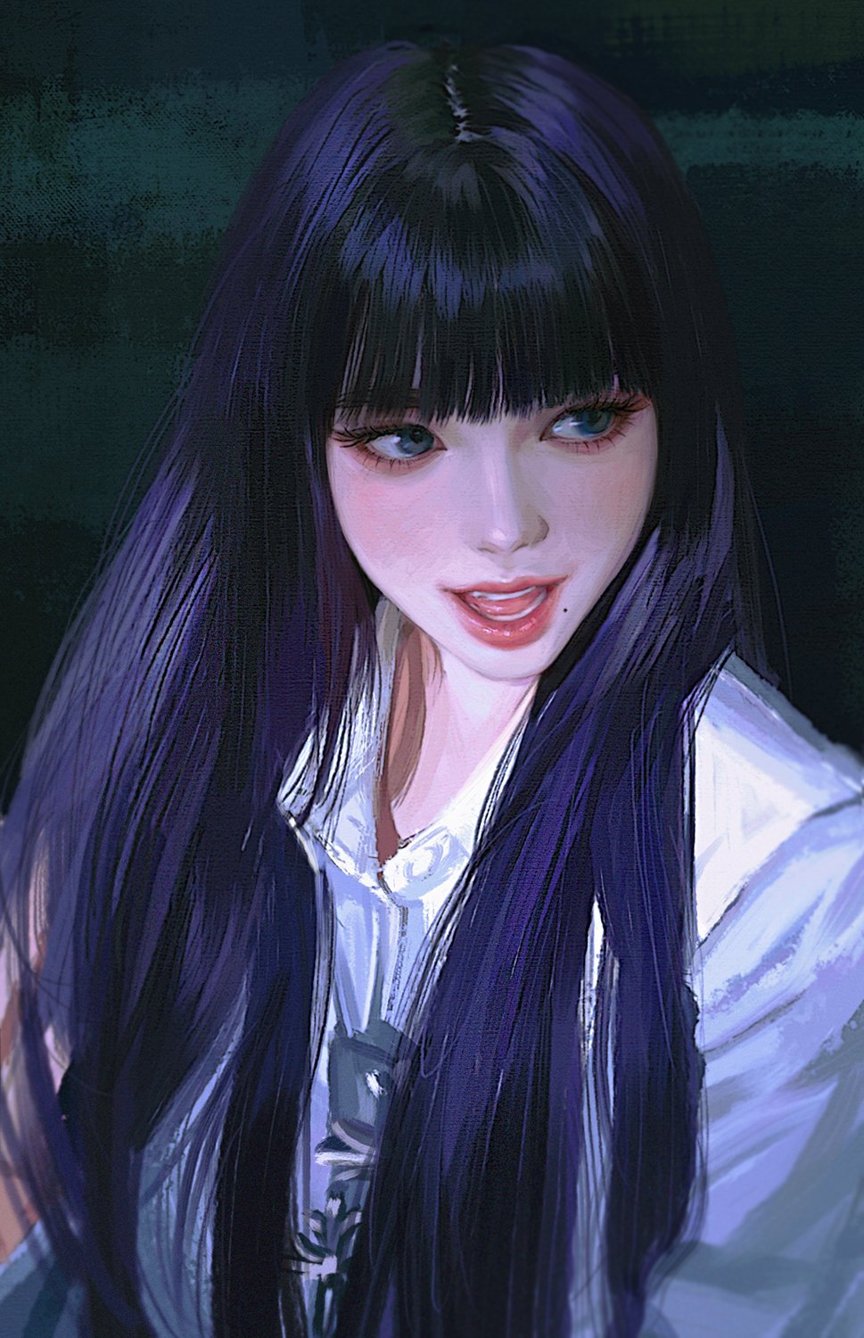 1girl, blue_hair, blunt_bangs, check_copyright, copyright_request, dark_blue_hair, eyelashes, eyeshadow, green_eyes, highres, karina_(aespa), long_eyelashes, makeup, mole, mole_under_mouth, necktie, open_mouth, original, painterly, pink_eyeshadow, pink_lips, real_life, realistic, solo, teeth, tongue, upper_body, zero_q_0q
