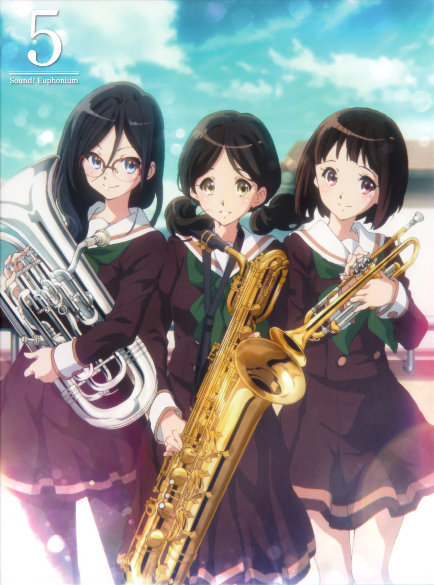3girls, album_cover, baritone_saxophone, black_hair, blue_eyes, blue_sky, blurry, blurry_background