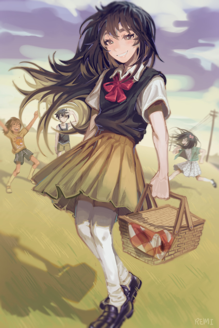 2boys, 2girls, absurdres, aubrey_(omori), basket, black_eyes, black_footwear, black_hair, blurry, blurry_background, blush, bow, bright_pupils, brown_hair, brown_skirt, commission, dark-skinned_male, dark_skin, day, grin, hair_bow, highres, holding, holding_basket, kel_(omori), lips, loafers, long_hair, looking_at_another, looking_at_viewer, mari_(omori), multiple_boys, multiple_girls, omori, one_eye_closed, orange_joe_(omori), outdoors, over-kneehighs, parted_lips, picnic_basket, pink_bow, power_lines, red_bow, remi_(mozzaremi), shoes, short_hair, short_sleeves, skirt, smile, sunny_(omori), teeth, thighhighs, white_pupils
