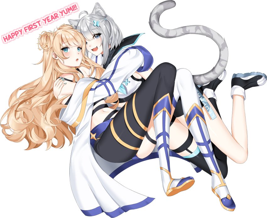 2girls, :o, absurdres, animal_ears, anniversary, black_footwear, black_pantyhose, black_thighhighs