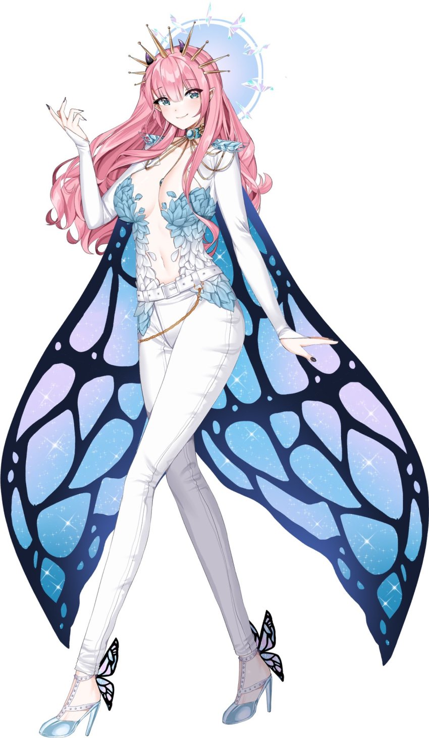 1girl, blue_footwear, breasts, butterfly_wings, cleavage, commission, cosplay, floating_hair, head_tilt, high_heels, highres, indie_virtual_youtuber, insect_wings, long_hair, maya_(vtuber)_(artist), medium_breasts, monarch_amalee_(1st_costume), monarch_amalee, monarch_amalee_(cosplay), nail_polish, navel, pants, pink_hair, production_kawaii, reina_sun_(vtuber), second-party_source, smile, solo, virtual_youtuber, walking, white_background, white_pants, wings