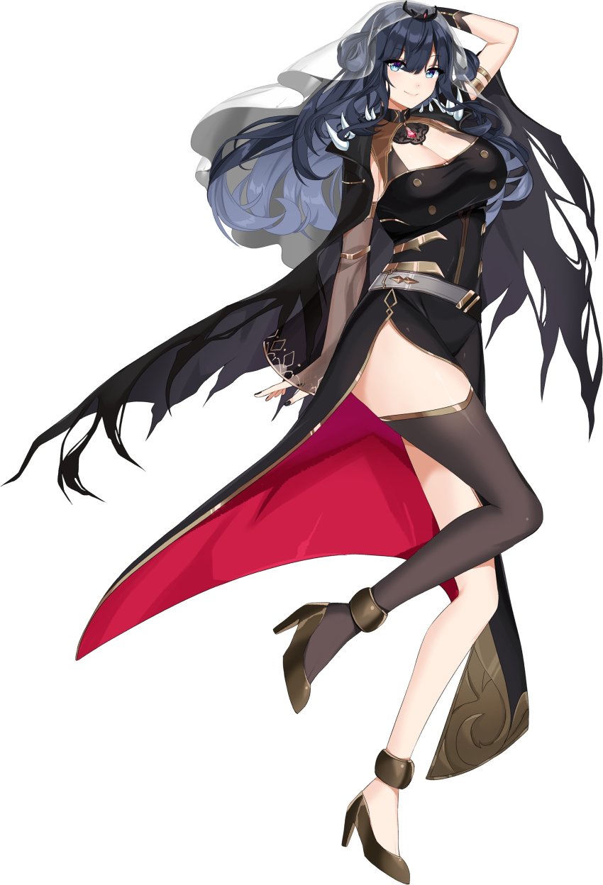 1girl, absurdres, amano_nene_(vtuber), arm_strap, black_cape, black_dress, black_footwear, blue_eyes, blue_hair, bracer, breasts, cape, cleavage, cleavage_cutout, clothing_cutout, commentary, commission, cosplay, detached_sleeves, dress, english_commentary, floating_hair, head_tilt, high_heels, highres, hololive, hololive_english, large_breasts, long_hair, looking_at_viewer, maya_(vtuber)_(artist), mori_calliope, mori_calliope_(cosplay), production_kawaii, second-party_source, single_detached_sleeve, single_thighhigh, smile, solo, spikes, thighhighs, tiara, veil, virtual_youtuber
