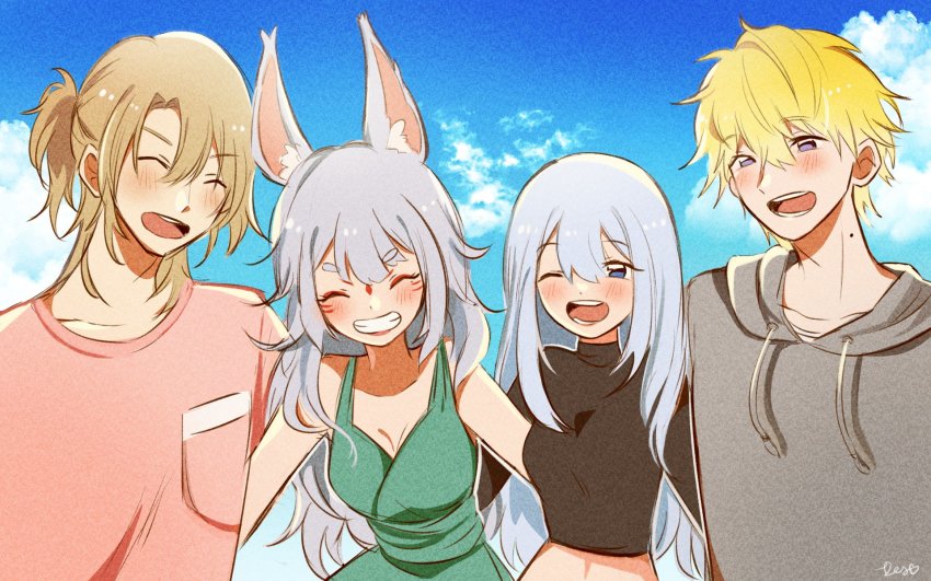 2boys, 2girls, ^_^, animal_ear_fluff, animal_ears, bad_id, bad_twitter_id, ban_hada