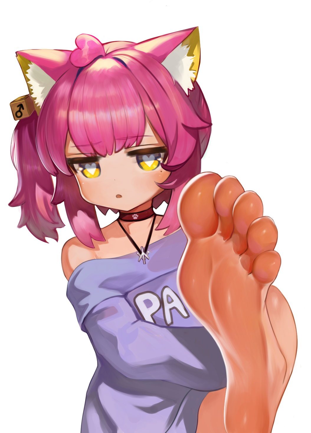 1boy, animal_ears, barefoot, choker, dokomon, feet, foot_focus, foreshortening, heart, heart-shaped_pupils, highres, jewelry, male_focus, mars_symbol, mars_symbol_hair_ornament, mole, mole_under_eye, necklace, original, pink_hair, presenting_foot, shota, side_ponytail, soles, solo, symbol-shaped_pupils, toes, trap, yellow_eyes