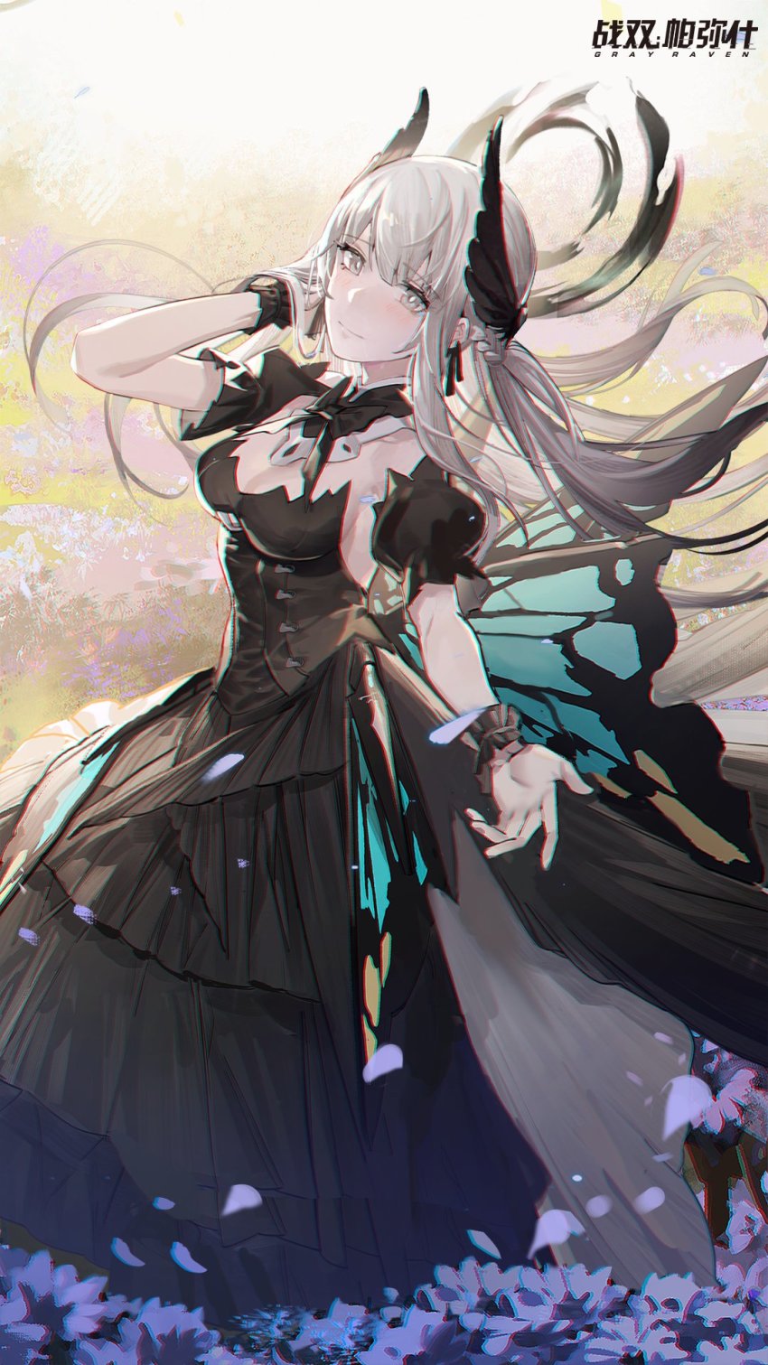 artist_request, bad_link, bad_twitter_link, black_dress, braid, butterfly_wings, dress, flower