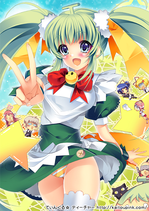 2boys, 5girls, apron, black_lemon-chan, bow, cowboy_shot, lemon-chan, maron-chan