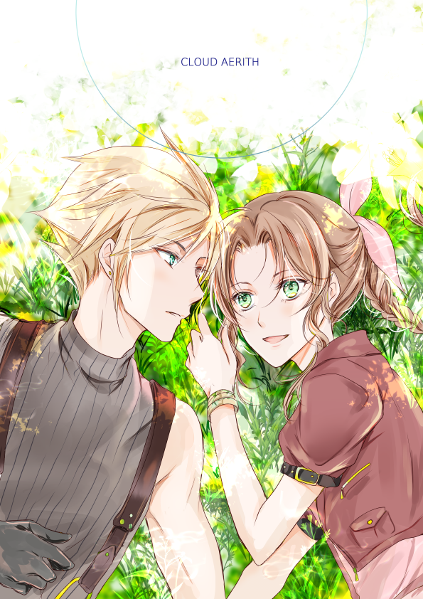 1boy, 1girl, aerith_gainsborough, akebi_(kakuri), aqua_eyes, bangle, blonde_hair, bracelet, braid, braided_ponytail, brown_hair, character_name, cloud_strife, cropped_jacket, dress, final_fantasy, final_fantasy_vii, final_fantasy_vii_remake, grass, green_eyes, grey_shirt, hair_between_eyes, hair_ribbon, jacket, jewelry, looking_at_another, lying, on_back, on_side, open_mouth, outdoors, parted_bangs, parted_lips, pink_dress, pink_ribbon, red_jacket, ribbon, shirt, short_hair, short_sleeves, sidelocks, sleeveless, sleeveless_turtleneck, smile, spiked_hair, square_enix, suspenders, turtleneck, upper_body, wavy_hair