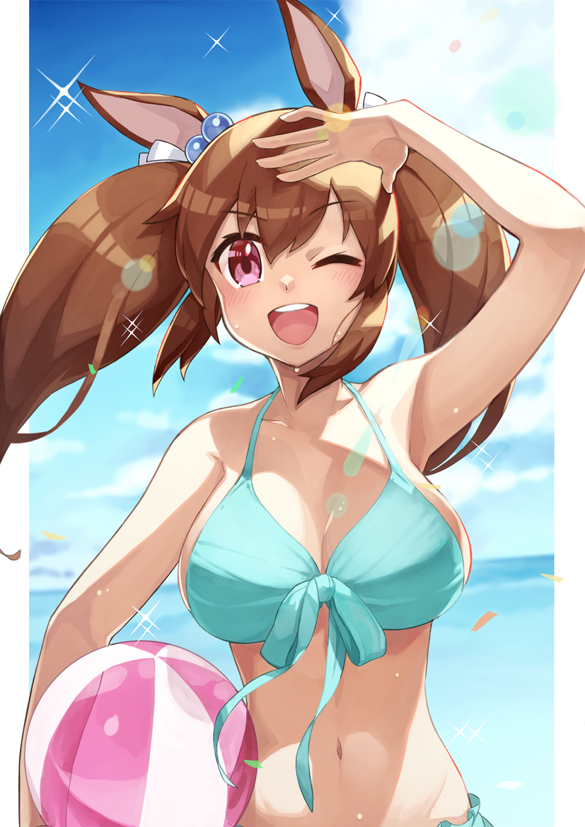 1girl, animal_ears, arm_up, bad_id, bad_pixiv_id, ball, beachball, bikini