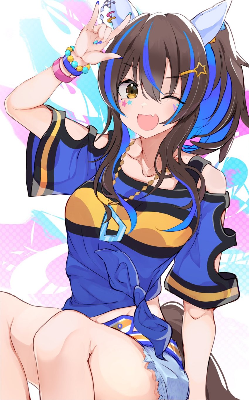 1girl, animal_ears, black_hair, blush, commentary_request, daitaku_helios_(fun_fun_party_night)_(umamusume), daitaku_helios_(umamusume), fang