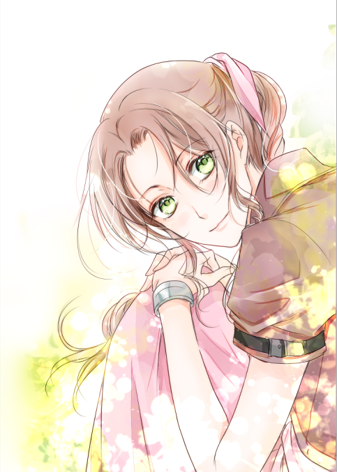 1girl, aerith_gainsborough, akebi_(kakuri), bangle, bracelet, braid, braided_ponytail, brown_hair, cropped_jacket, dress, final_fantasy, final_fantasy_vii, final_fantasy_vii_remake, green_eyes, hair_ribbon, jacket, jewelry, long_dress, long_hair, looking_at_viewer, looking_back, own_hands_together, parted_bangs, pink_dress, pink_ribbon, red_jacket, ribbon, short_sleeves, sidelocks, sitting, smile, solo, square_enix, upper_body, wavy_hair
