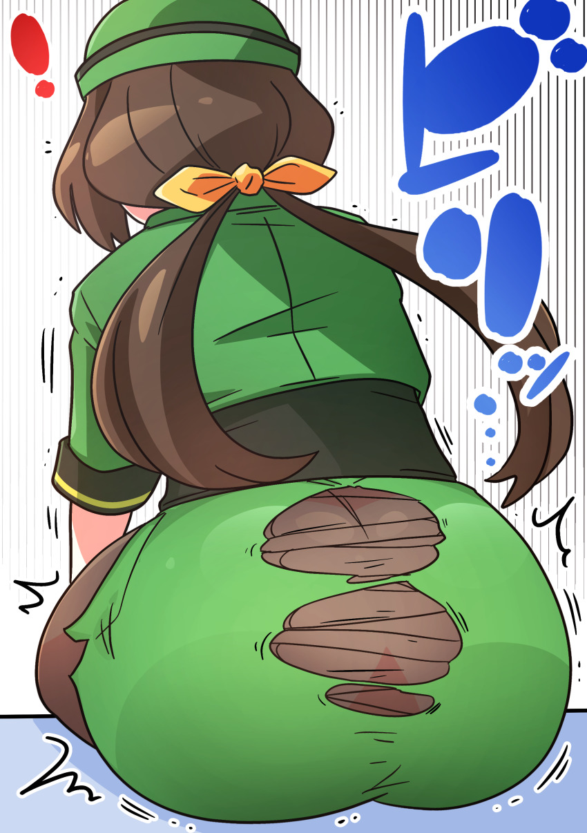 1girl, absurdres, ass, dress, hayakawa_tazuna, highres, horse_girl, huge_ass, kaijin_debeso, pantyhose, solo, torn_clothes, umamusume