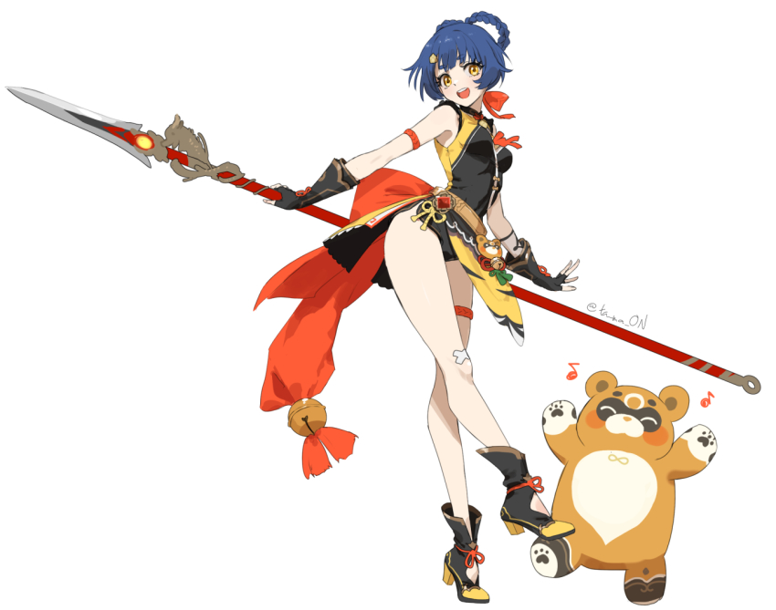 1girl, bandaid, bandaid_on_knee, bandaid_on_leg, black_gloves, blue_hair, breasts, charm_(object), closed_eyes, commentary, crossed_bandaids, dress, fingerless_gloves, full_body, genshin_impact, gloves, guoba_(genshin_impact), hair_ornament, hair_rings, holding, holding_polearm, holding_weapon, medium_breasts, musical_note, open_mouth, orange_eyes, polearm, short_dress, simple_background, sleeveless, sleeveless_dress, spear, untranslatable_commentary, tamaon, thigh_strap, twitter_username, vision_(genshin_impact), weapon, white_background, white_hair, xiangling_(genshin_impact)