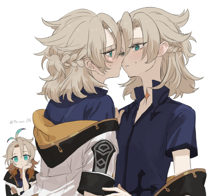 3boys, albedo_(genshin_impact), androgynous, antenna_hair, blue_shirt, blush, clone, closed_mouth, coat, genshin_impact, hair_between_eyes, head_rest, hood, hood_down, male_focus, multiple_boys, off_shoulder, parted_lips, primordial_albedo, scar, scar_on_neck, selfcest, shirt, short_sleeves, simple_background, sweat, tamaon, trap_on_trap, white_background, white_coat, whopperflower_(genshin_impact), yaoi