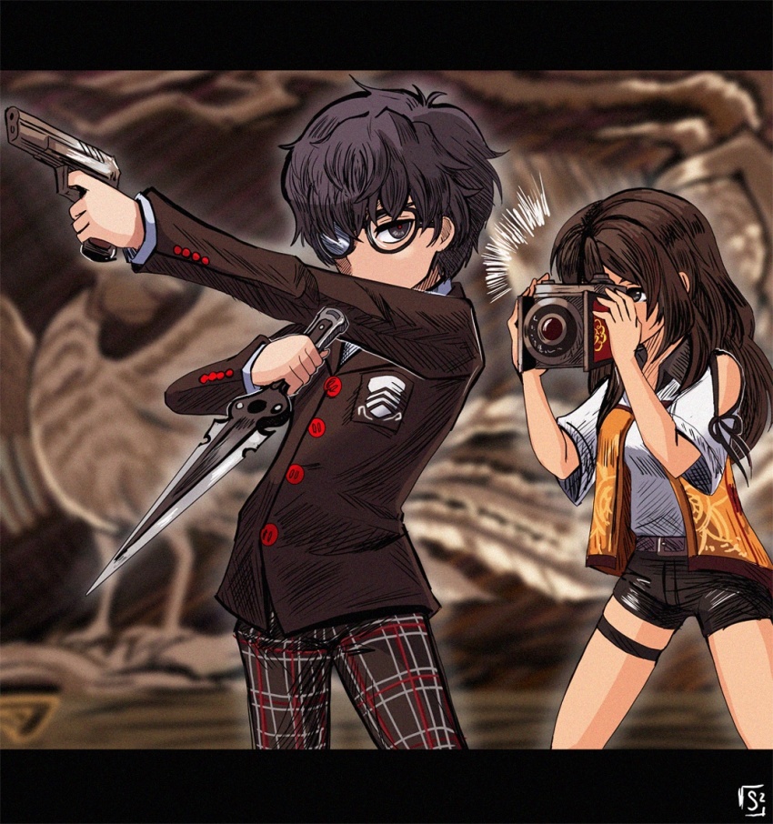 1boy, 1girl, amamiya_ren, black_hair, breasts, camera, card, fatal_frame, fatal_frame:_maiden_of_black_water, glasses, jacket, knife, kozukata_yuuri, leg_strap, legs, long_hair, looking_back, nintendo, persona, persona_5, playing_card, shorts, stoic_seraphim, super_smash_bros., tecmo, wuchan_(princeofasgard855)