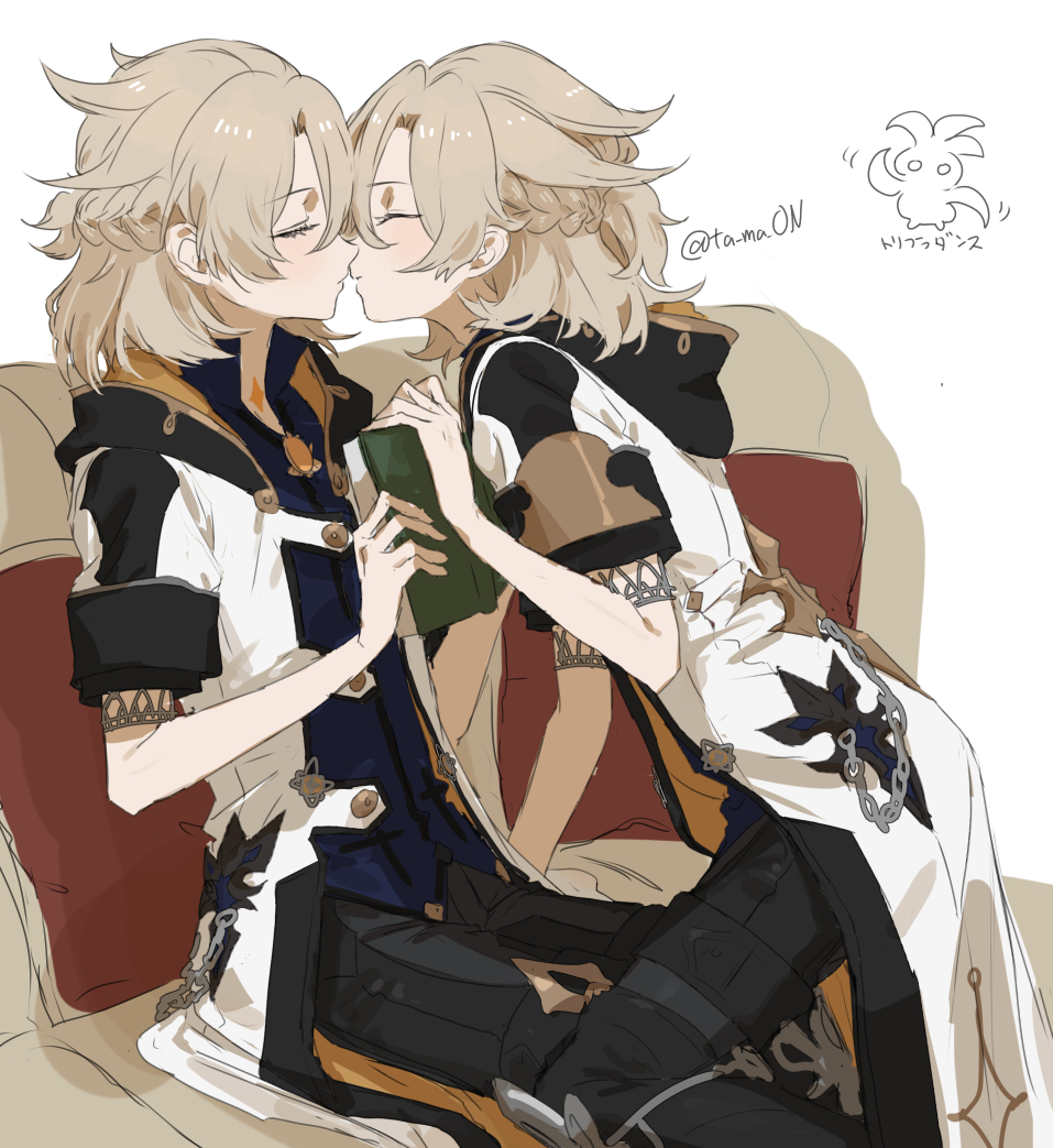 2boys, albedo_(genshin_impact), androgynous, blue_shirt, blush, book, closed_eyes, coat