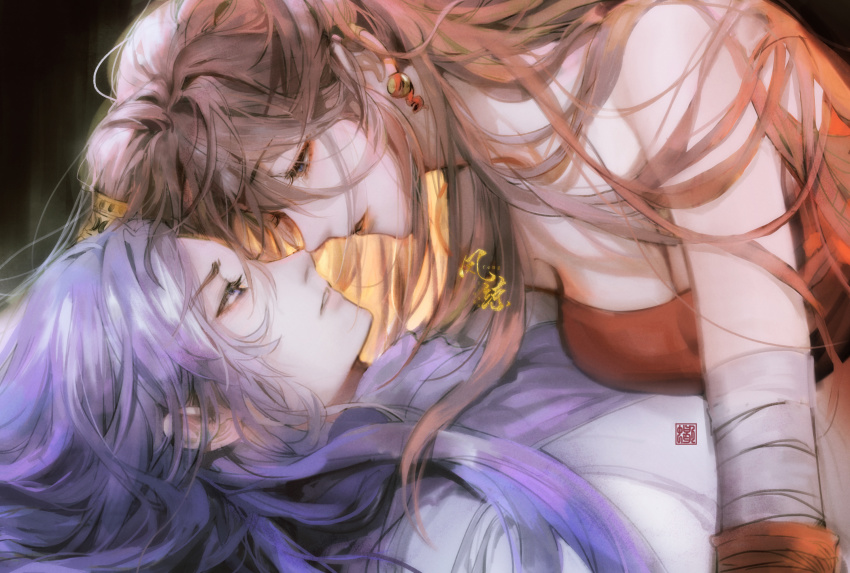 1boy, 1girl, baifeng_(qin_shi_ming_yue), bandages, black_background, blue_hair, brown_hair, chi_lian_(qin_shi_ming_yue)