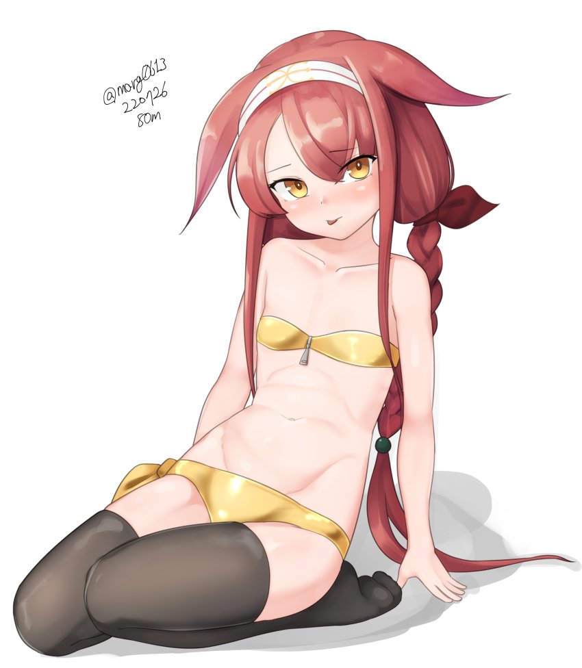 1girl, absurdres, ahoge, asymmetrical_bangs, bikini, black_thighhighs, braid, breasts, dated, full_body, hair_flaps, hair_ribbon, hairband, highres, kantai_collection, kawakaze_(kancolle), kawakaze_kai_ni_(kancolle), long_hair, looking_at_viewer, low_twintails, maru_(marg0613), one-hour_drawing_challenge, red_hair, ribbon, sidelocks, simple_background, sitting, small_breasts, solo, strapless, strapless_bikini, swimsuit, thighhighs, tongue, tongue_out, twin_braids, twintails, twitter_username, very_long_hair, white_background, yellow_eyes, yokozuwari