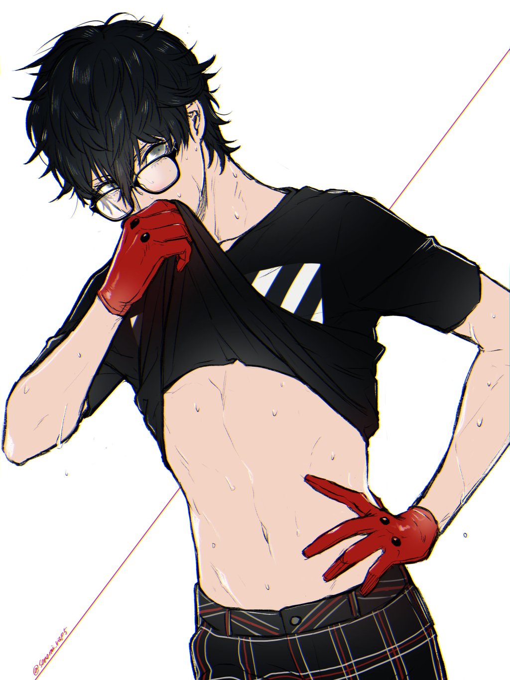 1boy, amamiya_ren, black_hair, black_shirt, clothes_lift, glasses, gloves, grey_eyes