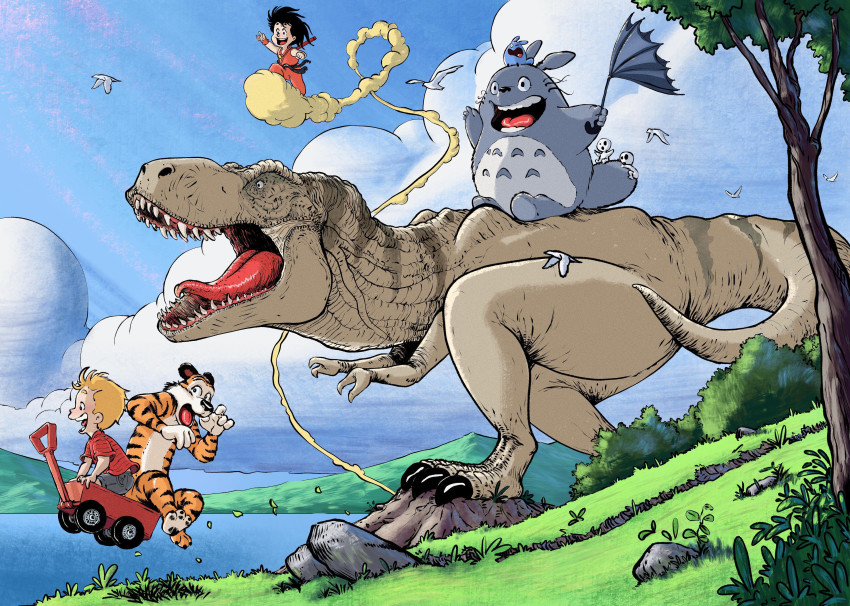 2boys, absurdres, bird, black_hair, blonde_hair, bush, calvin_&amp;_hobbes, calvin_(calvin_&amp;_hobbes), cloud, commentary, crossover, day, dinosaur, dougi, dragon_ball, dragon_ball_(classic), flying, flying_nimbus, full_body, geebler, grass, grey_shorts, highres, hill, hobbes_(calvin_&amp;_hobbes), horizon, jurassic_park, kodama, lake, mononoke_hime, mountain, multiple_boys, multiple_crossover, ruyi_jingu_bang, open_mouth, outdoors, portuguese_commentary, procreate_(medium), red_shirt, rock, running, shirt, short_hair, shorts, smile, son_goku, tiger, tonari_no_totoro, totoro, tyrannosaurus_rex, umbrella, wagon