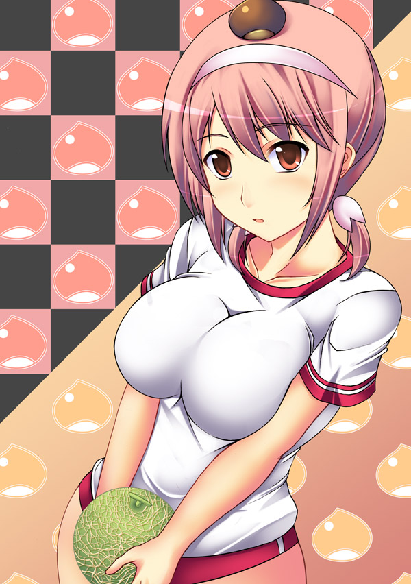 1girl, breasts, brown_eyes, buruma, cleavage, female_focus, gym_uniform, headband