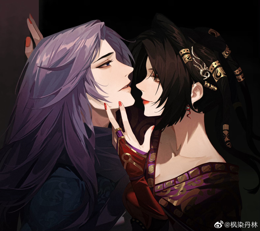 1boy, 1girl, baifeng_(qin_shi_ming_yue), blue_eyes, brown_hair, chi_lian_(qin_shi_ming_yue), dark, dark_background, dress, earrings, feng_ran_dan_lin, from_side, hair_ornament, hand_on_wall, highres, jewelry, qinshi_mingyue, red_dress, smile, teeth, wall