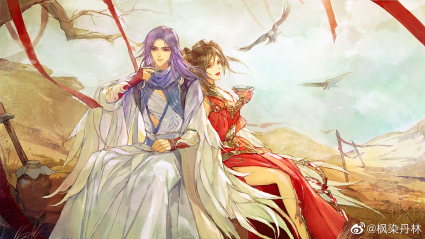 1boy, 1girl, baifeng_(qin_shi_ming_yue), bare_legs, bird, blood, bloody_weapon, branch, brown_hair, chi_lian_(qin_shi_ming_yue), choko_(cup), cloud, cloudy_sky, couple, cup, dead_plants, dress, feng_ran_dan_lin, highres, jar, qinshi_mingyue, red_dress, sitting, sky, stake, weapon