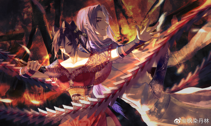 1boy, 1girl, ba_shiba_ye_xin, back-to-back, baifeng_(qin_shi_ming_yue), blue_hair, brown_hair, chi_lian_(qin_shi_ming_yue)